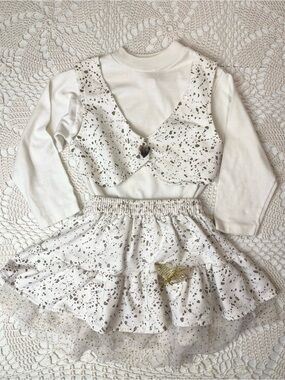 Vintage 1980s Buster Brown Girls 4t Gold Speckled Faux Vest Shirt Skirt Set